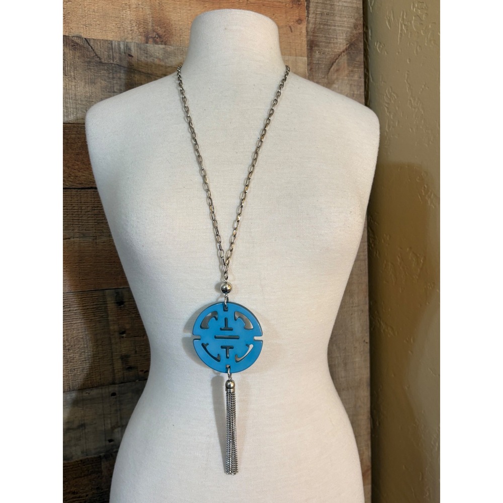Blue Acrylic Medallion Tassel Pendant Long Silver Tone Chain Necklace